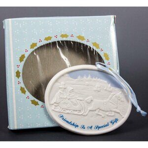 Russ Christmas Reminiscence Porcelain Ornament #5690 Horse & Carriage Friendship